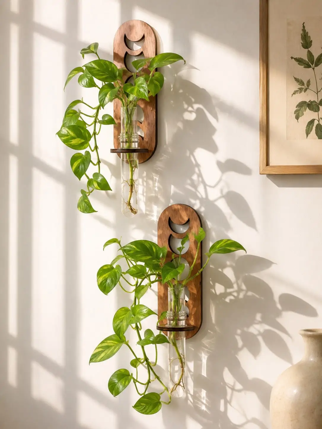 1/2‑Pack Moon Phase Wooden Wall Propagation Station, Boho Glass Tube Hanging Planter, Wall Decor for Multiple Rooms, Housewarming Gift