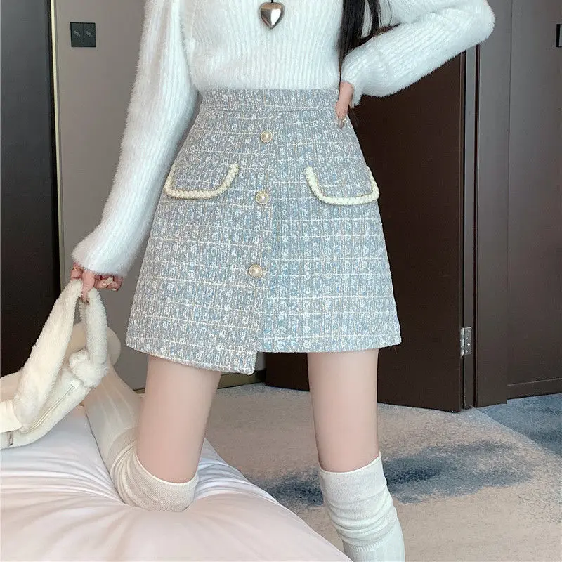 

Твидовая юбка, новинка 2025 года, винтажная женская юбка трапециевидной формы с высокой талией и нерегулярным подолом