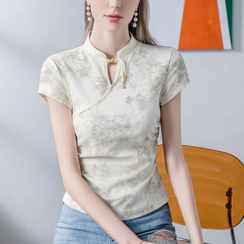 Boweylun Chinese Style Printing Stand-Up Ccollar Plate Buckle T-shirt Female New Retro Hollow Short-sleeved Women's Tops