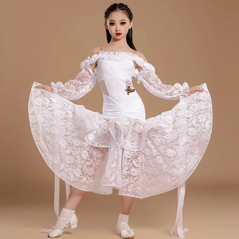

Kids Girls Lace Modern Dancewear Pearl Splicing Top Waltz Social Dance Double Layered Skirt Ballroom Dance Competition Dresses