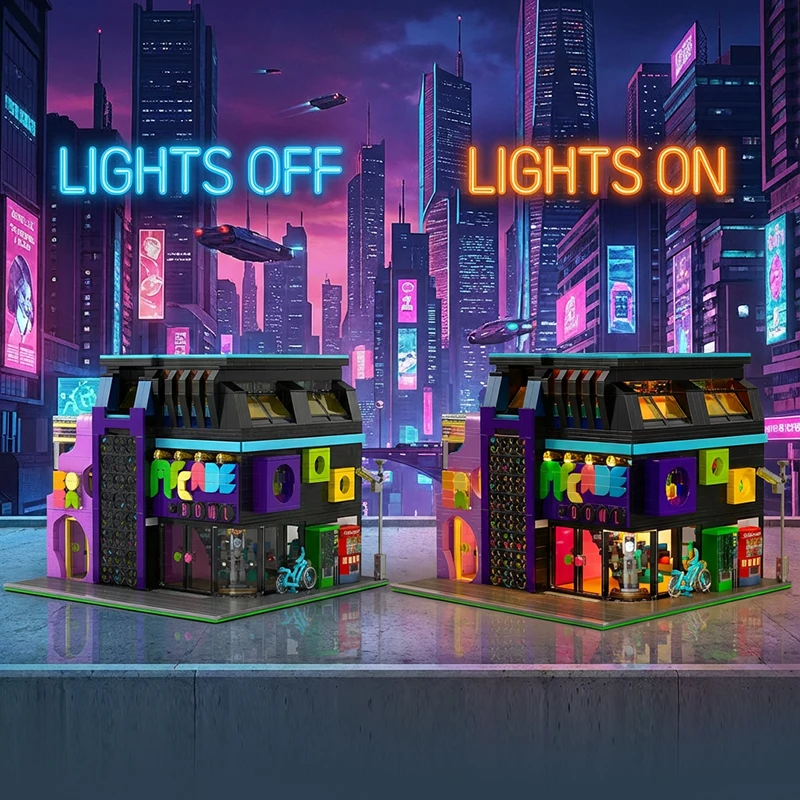Ensemble de construction Cyberpunk pour salle d'arcade, 2600 pièces, avec éclairage, Architecture de ville, bloc de construction modulaire, Kit d'assemblage, modèle, cadeau pour adultes