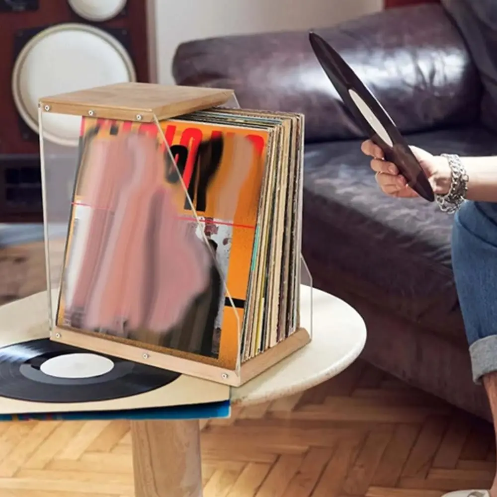 

Solid Wood Wooden Record Holder Transparent Design Space-Saving Desktop Storage Rack Retro Minimalist Style Stable Structure