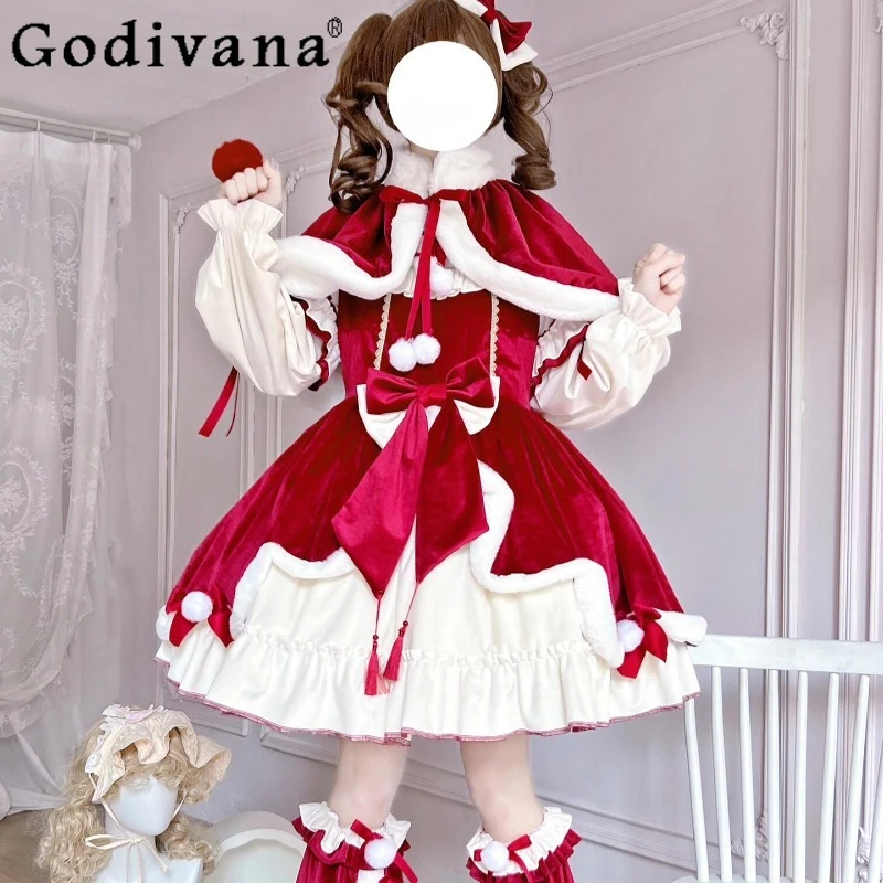 

Christmas New Year Battle Dress Set Women's Red Lolita Cute Winter New Year Outfit Suit Girls Long Sleeve Dress and Cape Set
