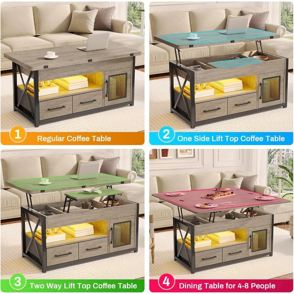 Lift Top Coffee Table com armário de armazenamento para sala de estar, pequena fazenda Coffee Table, 4 em 1, 40"