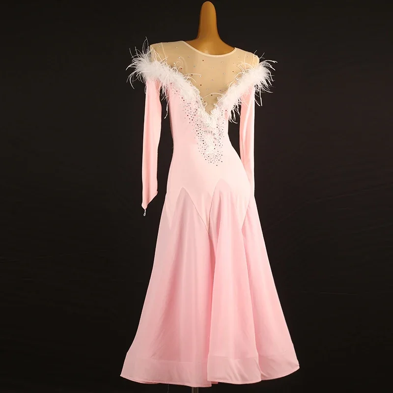 Frauen Nationalen Standard Tanz Feder Ärmel Strass Moderne Kleidung Ballroom Dance Wettbewerb Kleid