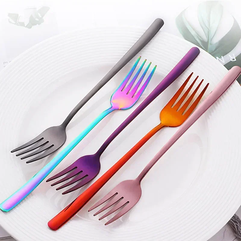 Stainless Steel Multicolor Long Handle Dinner Fork Korean Rainbow Fork Hotel Restaurant Party Supplies Dinnerware Steak GoldFork