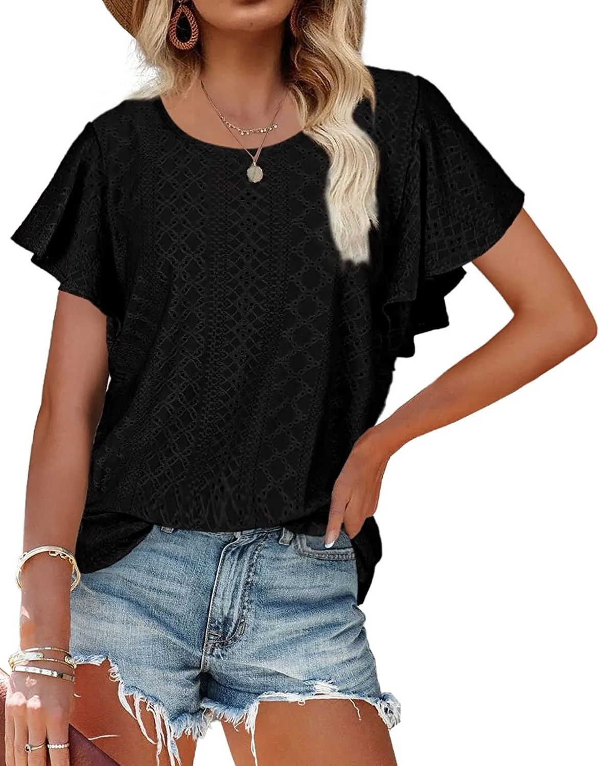 New women's blouse hollowed out waist round neck lotus sleeve casual T-shirt women