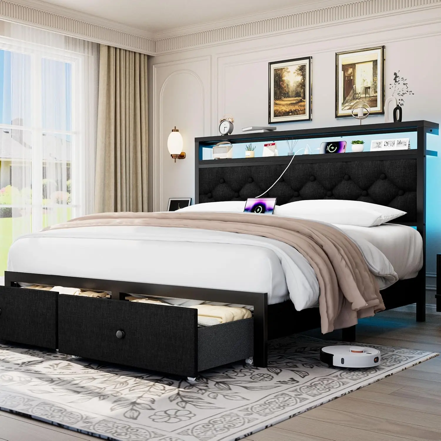 Queen Bed Frame with 2-Layer Storage Headboard & 2 Storage Drawers