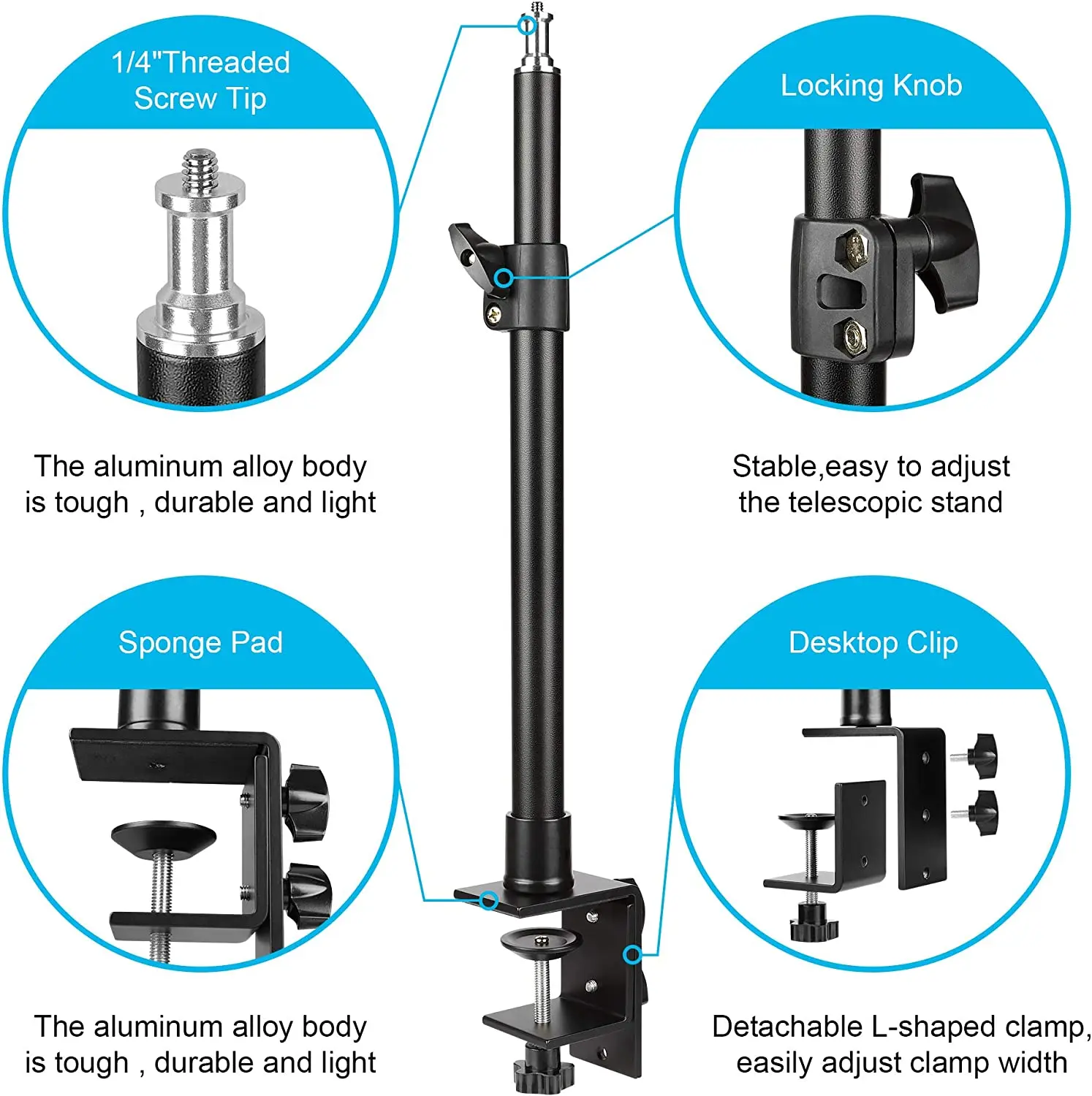 Supporto da scrivania Supporto per luce da tavolo Supporto con clip a C con vite da 1/4 di pollice per anello luminoso a LED, regolabile 13,7-23,2 pollici/35-59 cm per