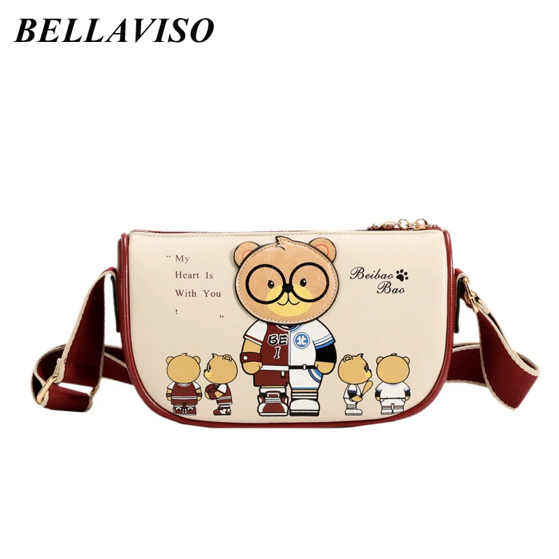 

BellaViso Simple Women's Soft PU Crossbody Bag Female's New Elegant Casual Satchels Cartoon Bear Pattern Shoulder Bags BLCR-61