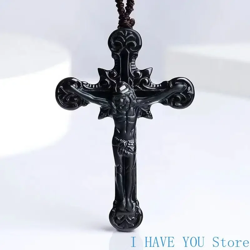 

100% Natural A-grade Ink Jade Cross Pendant Stone Pendant Simple Black Men's and Women's Necklace Jade Necklace