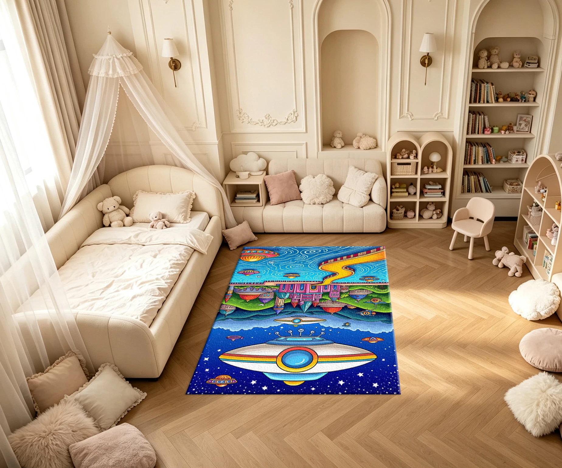 Colorful Cartoon Space Ufo Fantasy City Carpet Flooring Bright Sci-Fi Planet Spaceship Art Printed Square Floor Rug for Household Space Ornament