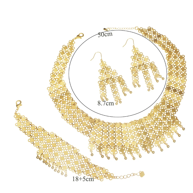 Dicai Luxury Women Jewelry Set Gold Plated Bead Pendant Women Necklace Wide Bracelet Women Earrings Abaya Dubai Luxury Designer