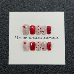 10pcs Handmade Short Cat Eye Love Dot Red Removable Christmas Press on Nails Acrylic Cute Fake Nails Sweet False Nails for Hands
