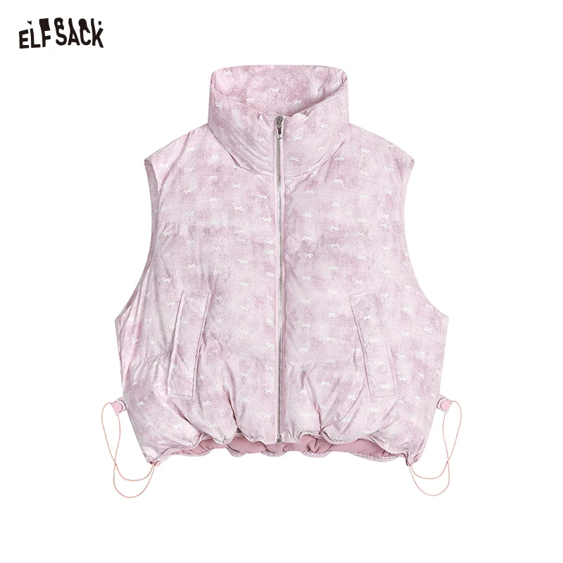 ELFSACK 2024 Nuovi arrivi invernali Gilet casual allentato con stampa completa con nodo a farfalla per donna