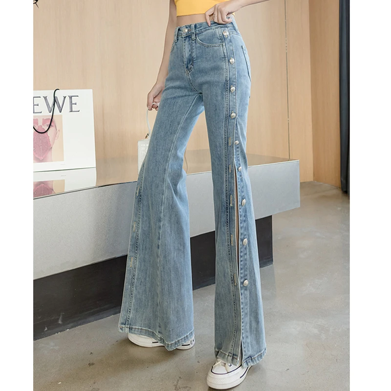Women Vintage Pocket Long Oversized Denim Pants 2023 Sexy Heavy Industry Wide Leg Summer Thin Side Open Button Jeans Streetwear