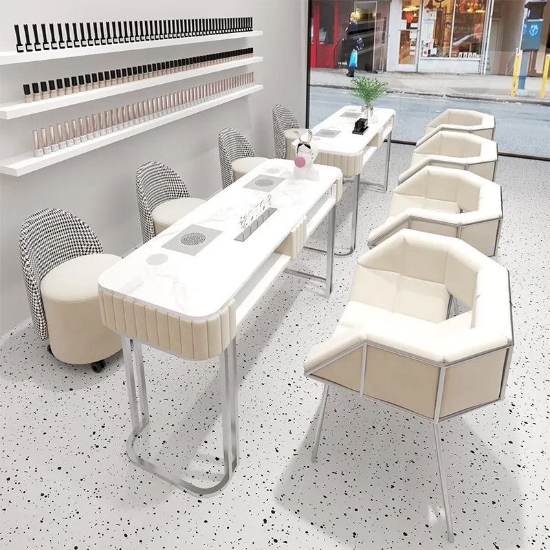 Manicure Table Sintered Stone Marble‑Look Tabletop Metal Chrome Frame Built‑in Vacuum Vent Multi‑station Nail Salon Work Desk