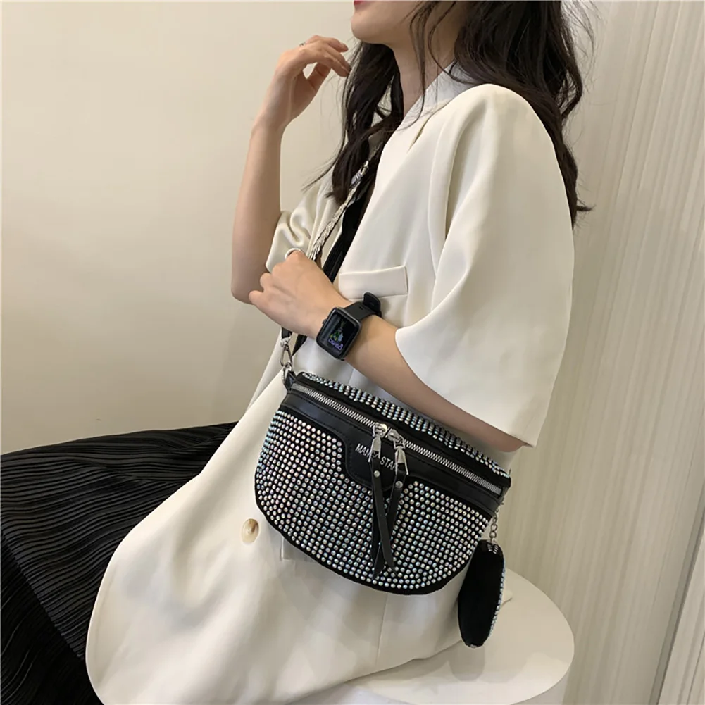 Fashion Rhinestone Waist Belt Bag Women Chest Crossbody Pack PU Bling Fanny Pack for Outdoor Shopping Business