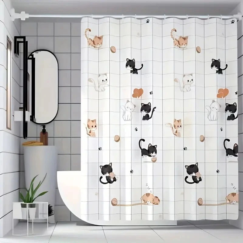 

Simple cartoon naughty cat shower curtain Bathroom shower curtain easy to clean and scrub PEVA waterproof material light opaque