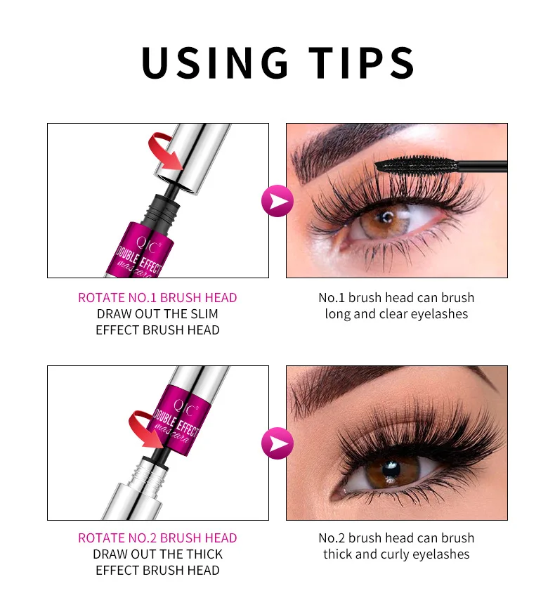 QIC Double Effect 4D Mascara 2 Brush Heads Waterproof & Long Curl Natural Thick Eyelash 2in1 Eye Black Mascara