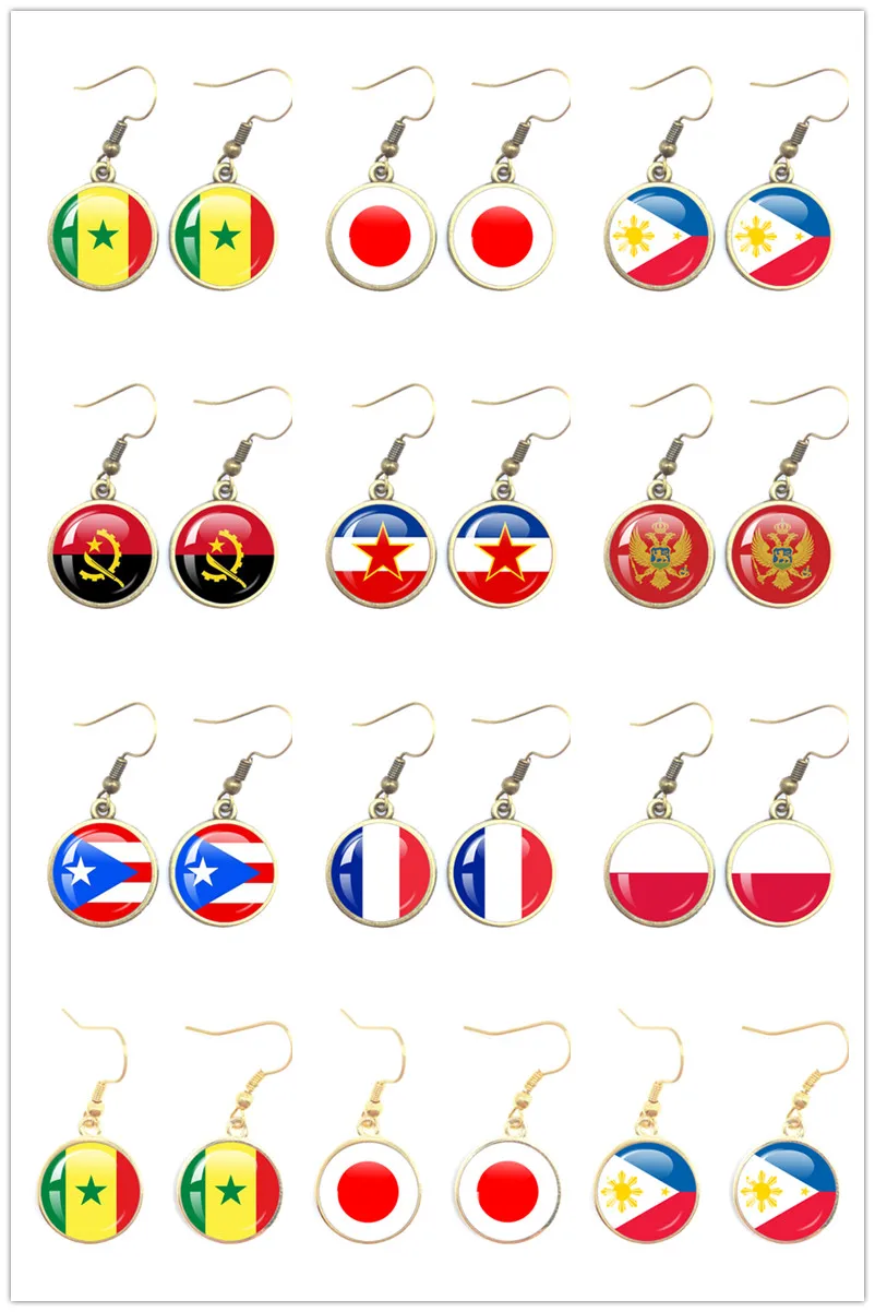 Kolczyki z flagą narodową francja, polska, Puerto Rico, Montenegro, Yugoslavia, Angola, filipińska dla kobiet dziewcząt