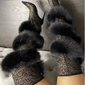

Sexy Women Black Leopard Cross Fur Lace Slim Over The Knee Boots Female Pointed Toe Thin Heels Run Way Thigh Long Boots Shoes