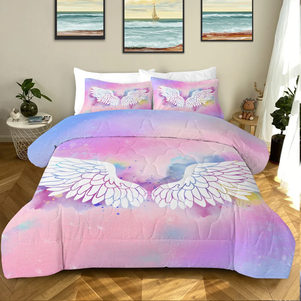 

3 Piece Romantic White Wings and Colourful Sky Printed Comforter Set Comfortable Quilt Set Suitable for All Seasons Home Decor