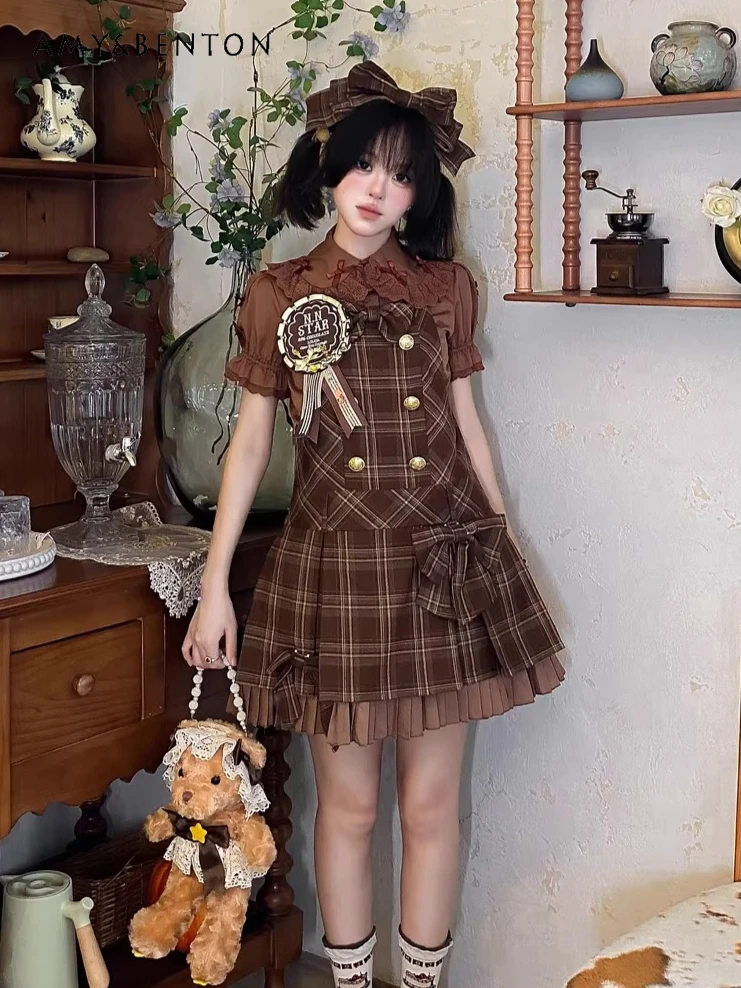 

Sweet Cute Bow Plaid Pleated Dress for Women Lolita Style JSK Slim Mini Dress All Match College Style Kawaii A-line Dresses