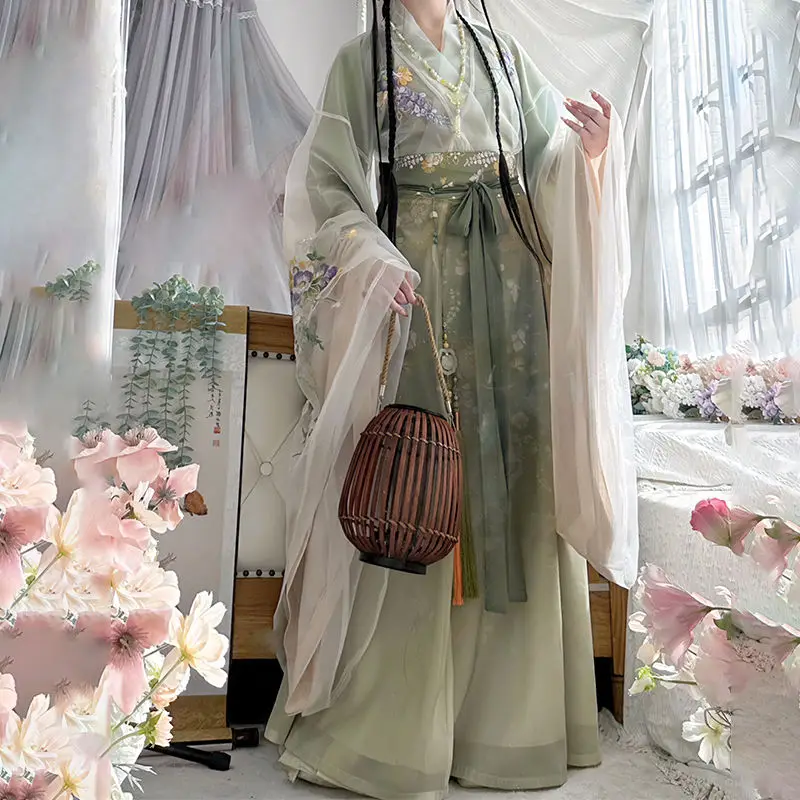 당나라 루 스커트 여성용 꽃무늬 프린트 요정 드레스 우아한 중국 전통 한푸 의상 시크 파티 드레스
