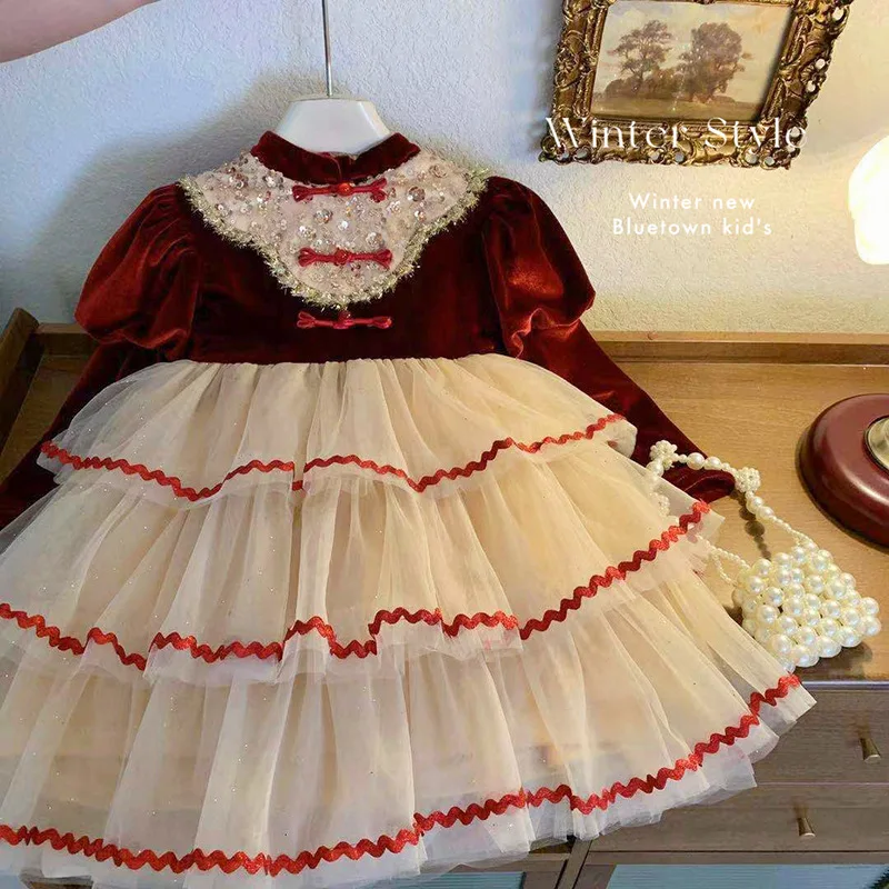 2024Girls New Year Christmas Red Puffy Lolita Princess Dress Dress