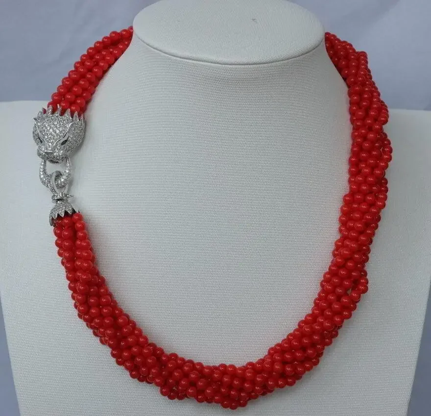 

Fine Jewelry fashion 8strands Red Round Coral beads necklace with zircon leopard/cheetah clasp