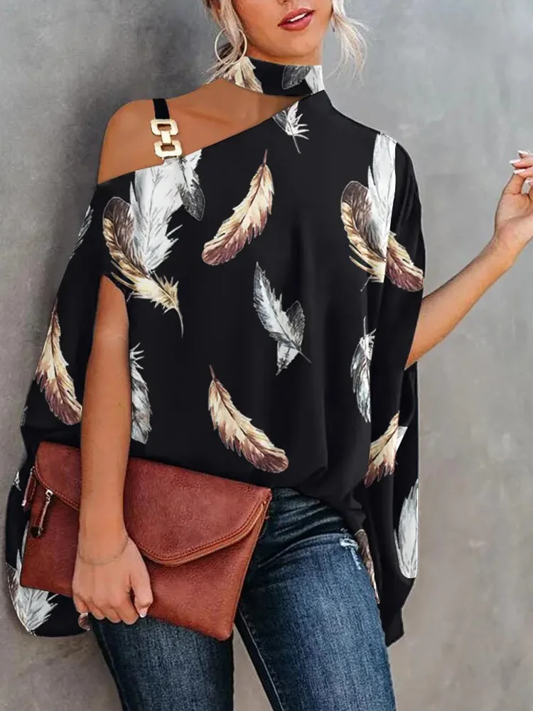 Leaf Print Chain Strap Cold Shoulder Women Blouse Tops