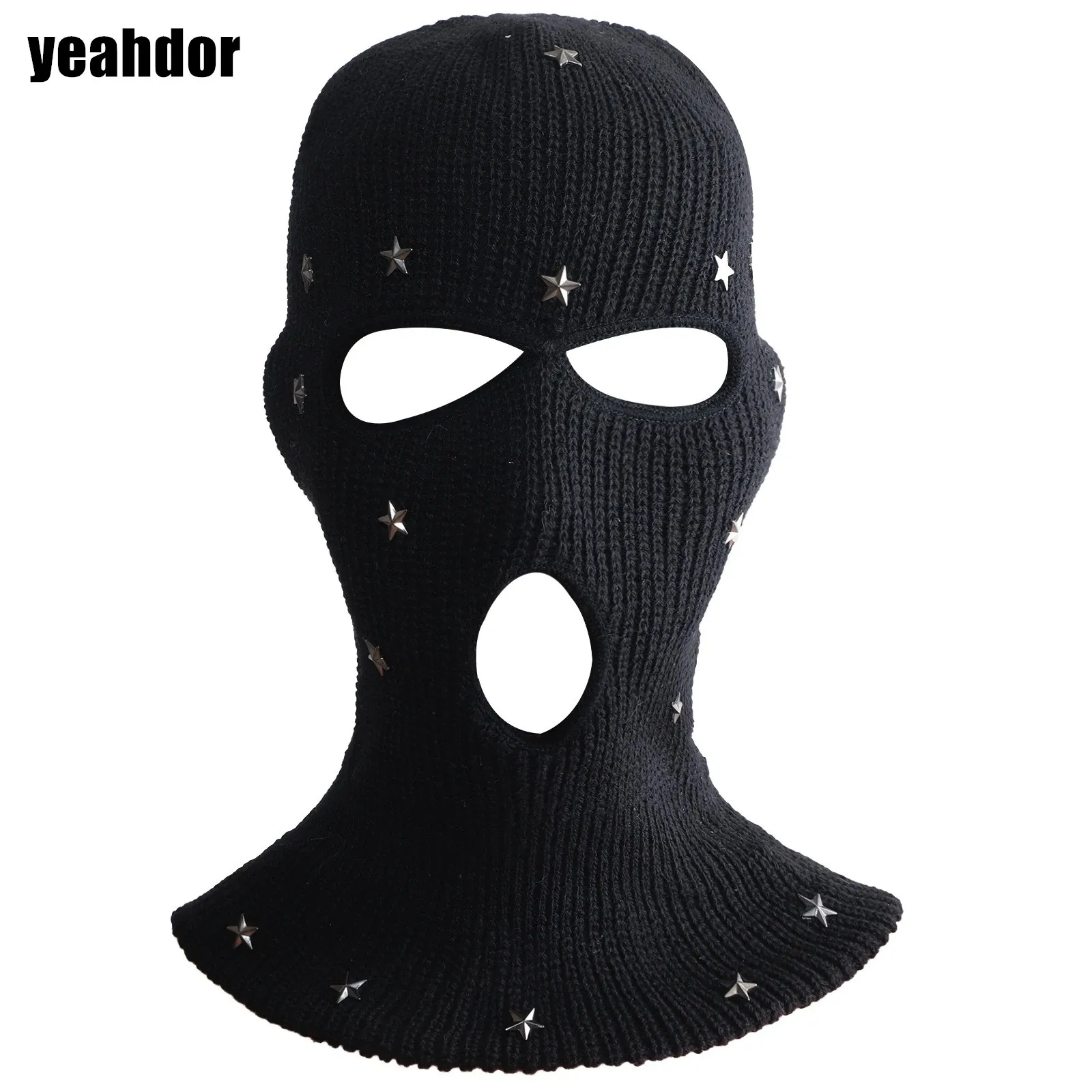 Adult 3-Hole Knitted Face Cover with Shiny Decorations Wrap Well Stretchy Balaclava Face Mask Thermal Mask for Skiing Driving