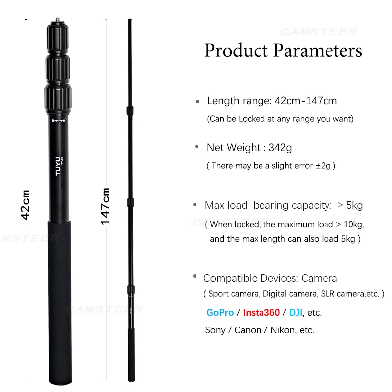 Tuyu Teleskop verstellbar unsichtbare Aluminium legierung Selfie Stick Ein beins tativ für insta360 x3 Gopro Held 12 11 Dji Kamera Zubehör – Detail 7