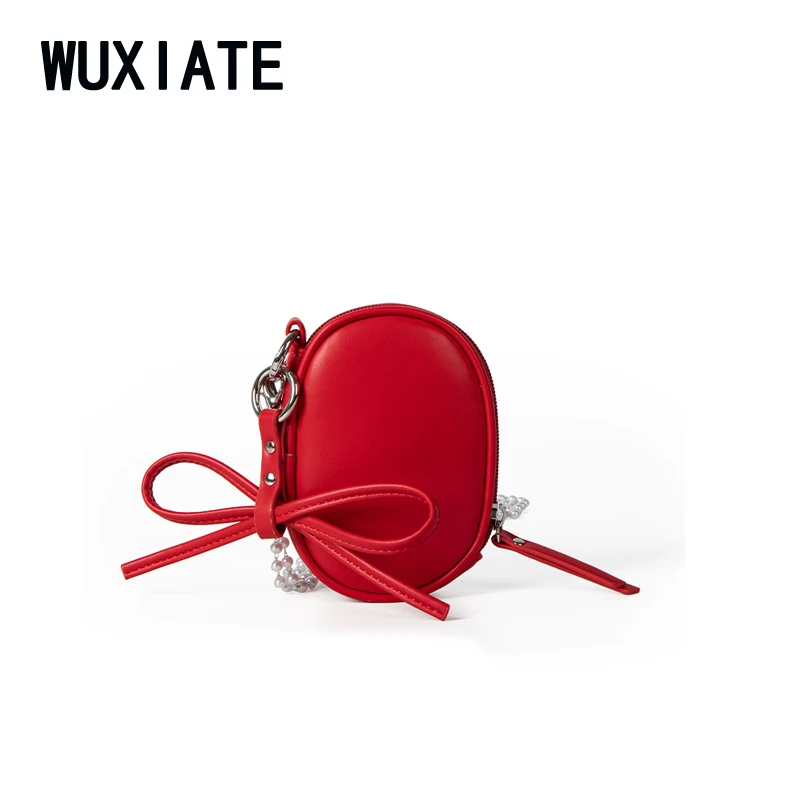 WUXIATE Cute bow mini mouth red bag with pearl chain crossbody bag Handbag for women