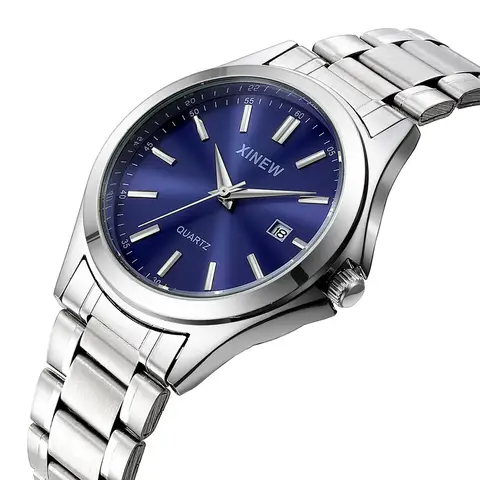 Genuíno xinew marca relógios masculinos estudantes moda casual completa banda de aço inoxidável simples data quartzo pulso relógio vintage prata