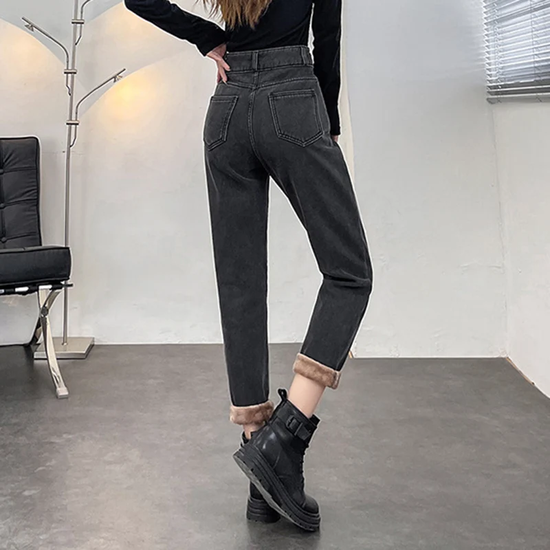 Winter Women\'s Warm Fleece Jeans High Waist Thick Straight Denim Harem Pants Plus Size Loose Trousers Lady High Waisted Jeans