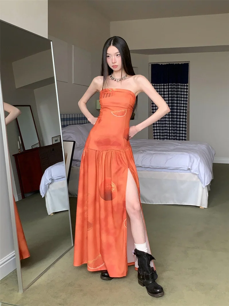 

Оранжевая юбка А-силуэта с открытыми плечами и завышенной талией Vaion Strapl Dr Ele Slimming, летняя коллекция 2025 года