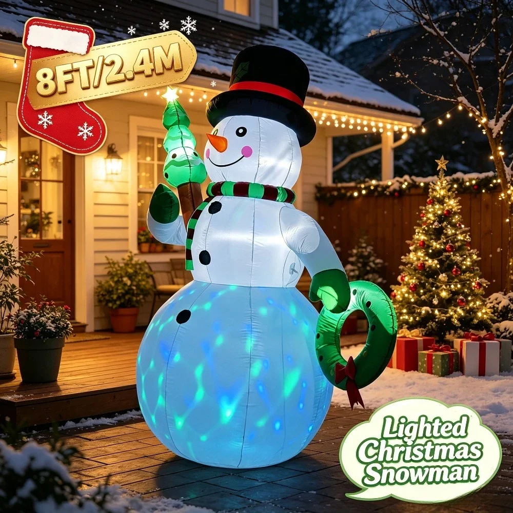 8FT Christmas Inflatable Snowman Blow Up Outdoor Decoration Waterproof Light Up Xmas Lawn Sculpture Outside Family Theme Party