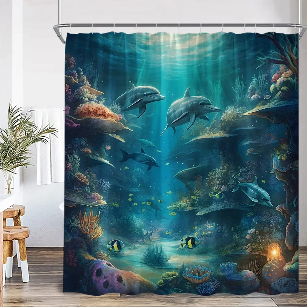 

Ocean Animal Shower Curtain Sea Turtle Whale Shark Underwater World Bathroom Decorations Children's Shower Curtain with Hook