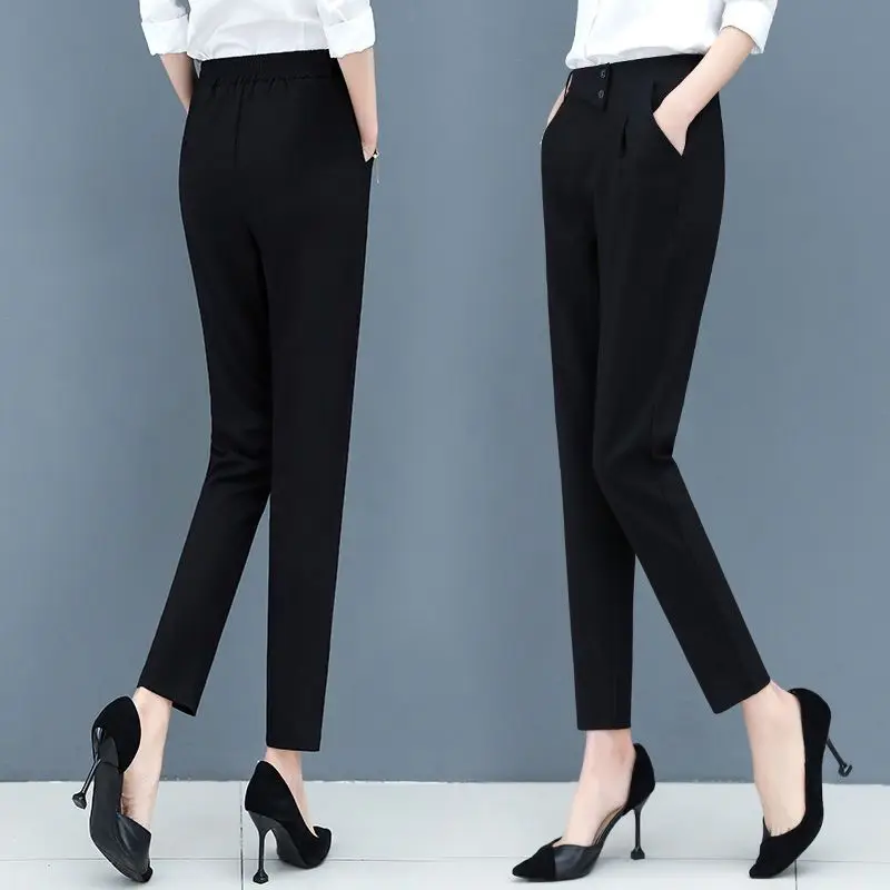 Temperament Spring Summer Thin Pants New Women Elastic Waist Pockets Button Fashion Office Lady Slim Ankle Length Haren Trousers