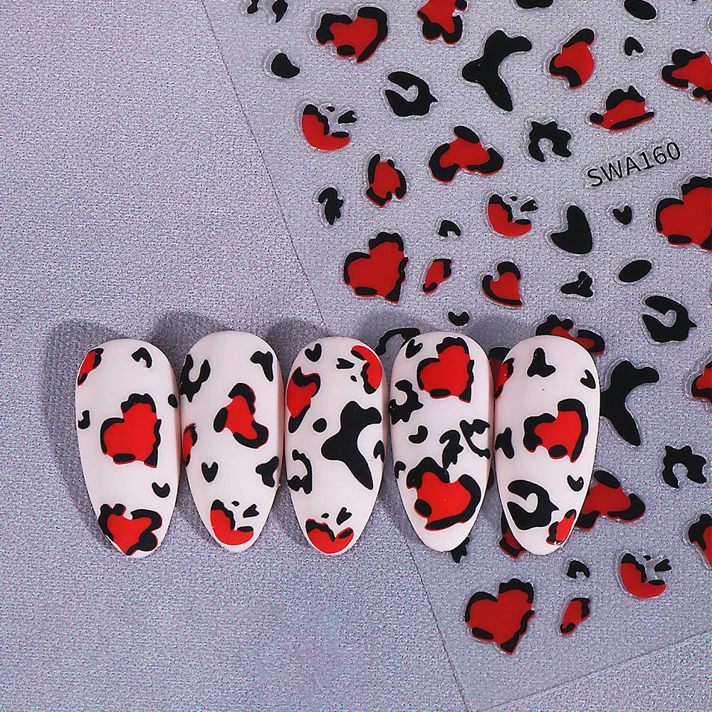 1 Uds. Pegatinas autoadhesivas 3D de leopardo, corazón, amor, Día de San Valentín, pegatinas para uñas de leopardo rojo, rosa y negro, deslizador de manicura