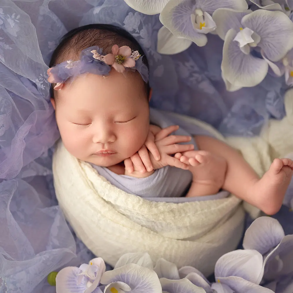 

0-1 Month Newborn Photography Props Floral Theme Accessories with Matching Flower Headdress+Wrap Baby Girl Headband for Shooting