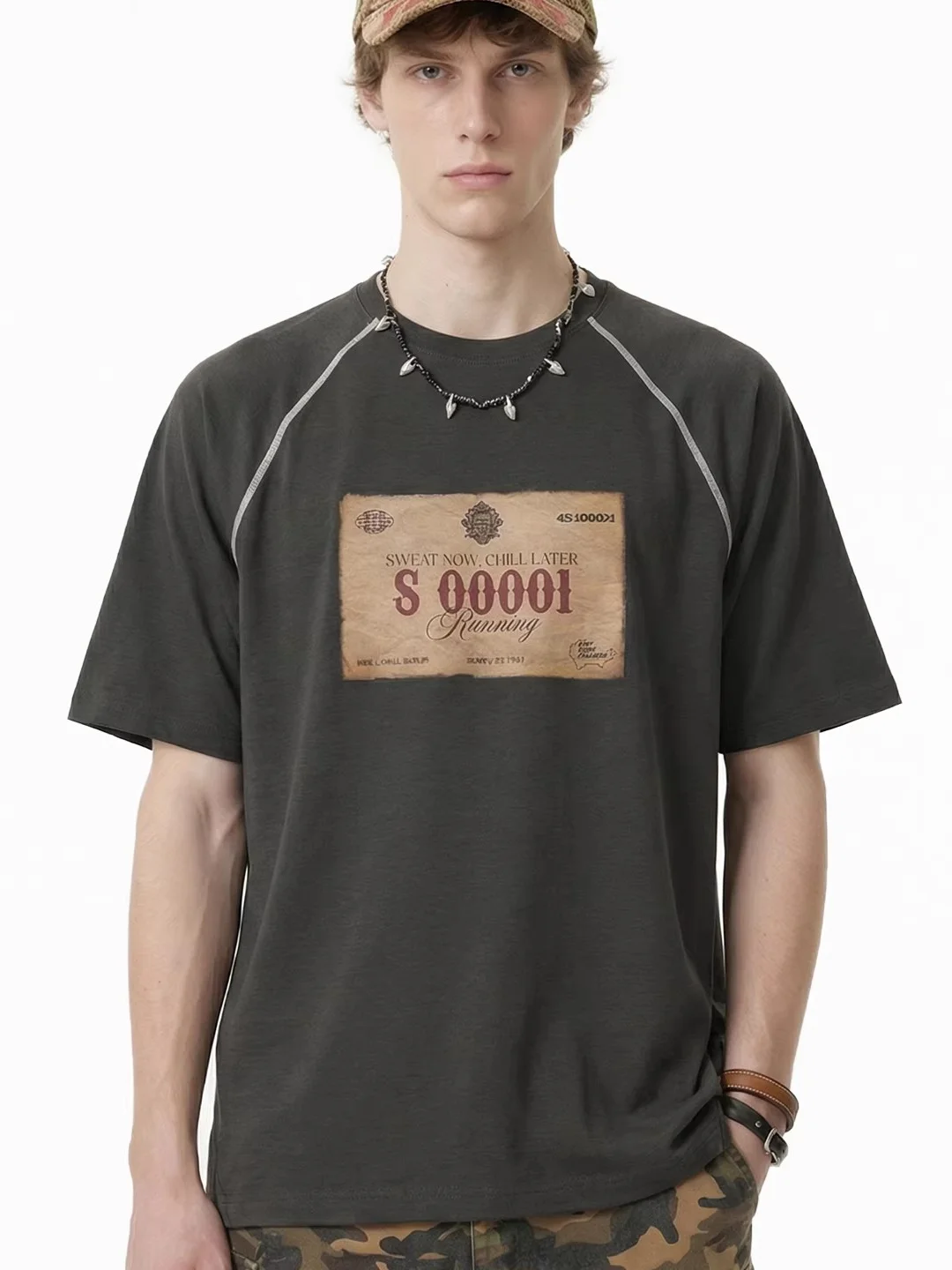 

JieZhan Men's Retro Running Sport ort Sve T-irt oulder Insert Design Original Trendy Brand Print Casual Top