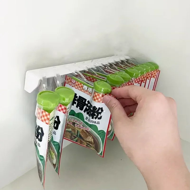 Wall-Mounted Punch-Free Kitchen Plastic Spice Storage Bag Organizer Rack 10 Holes Seasoning Pack Sealing Clip Accessories