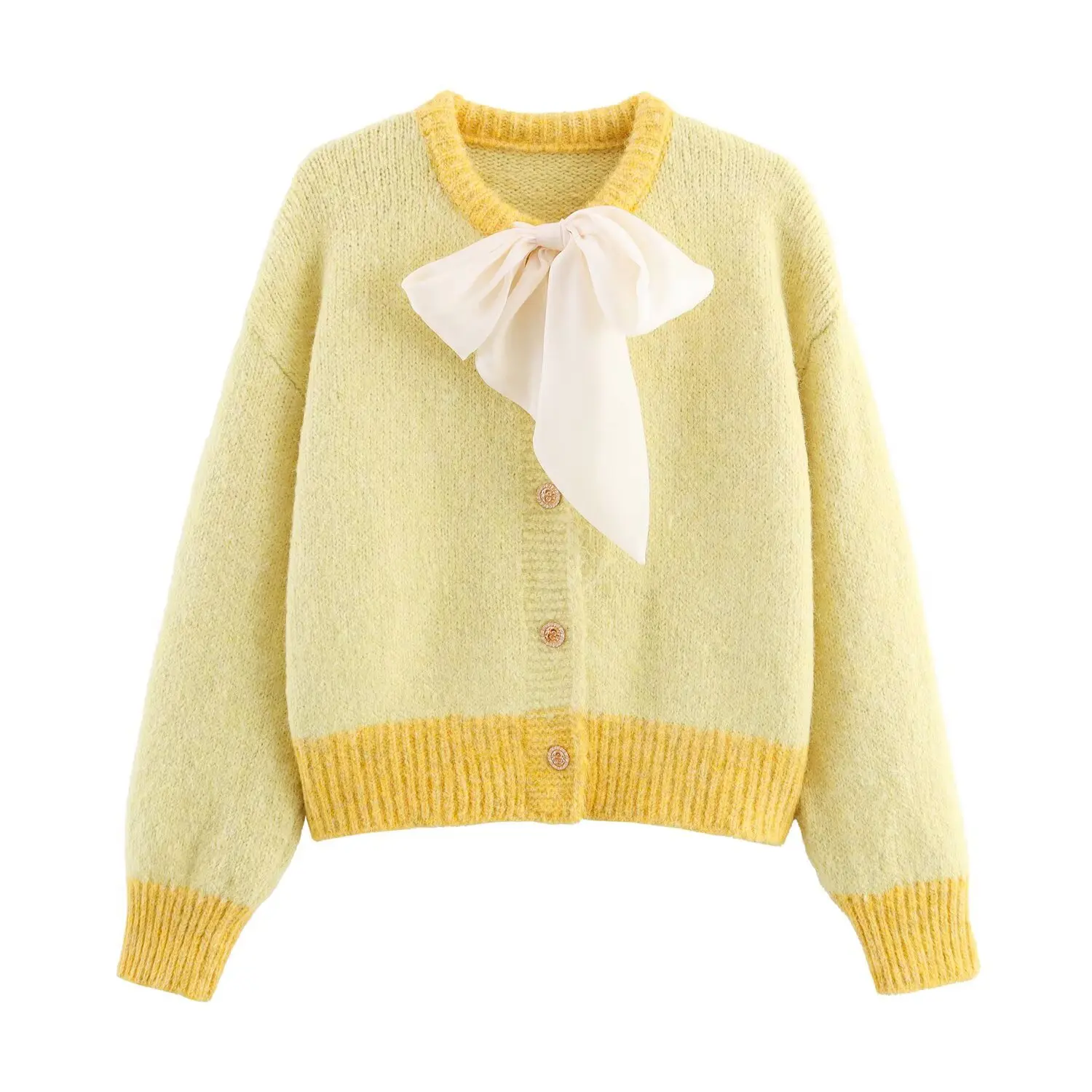 

Women's Single Breasted Knitted Cardigan Autumn Winter New Tweed Big Bow Cropped Sweater Jacket Top V-Neck Long Sleeves Sweater
