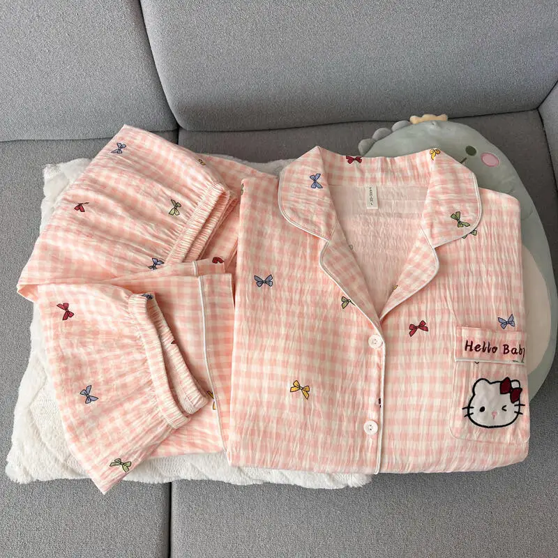 Hello Kitty Women's Pajamas Three-Piece Short-Sleeved Suit with Chest Pad Shorts Comfortable Home Clothes Can Be Worn Outside