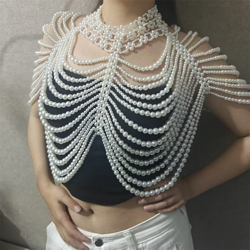 Damen-Top, mehrschichtige Perlen-Körperkette, handgewebter Schal, Harness, Braut- und Abendkleid-Accessoire, Party-Top, Damenbekleidung – Detail 3