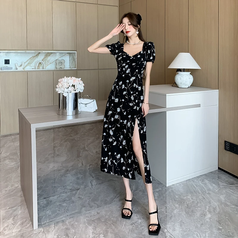 Retro Floral Red Dr 2024 New Bubble Sve Tea Break Long Dr Women Summer High Waist A-Line Skirt V-Ne Polyester an...