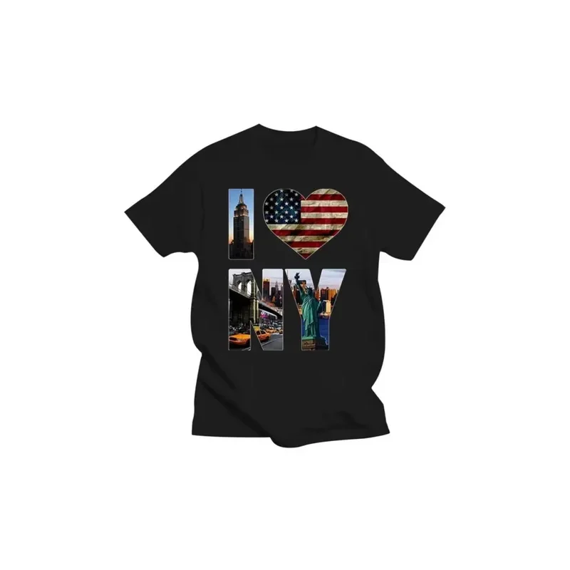 New I Love NY York Tourist Landmarks USA T-Shirt - Mens Sizes Black Breathable All Cotton Short Sleeve 77899